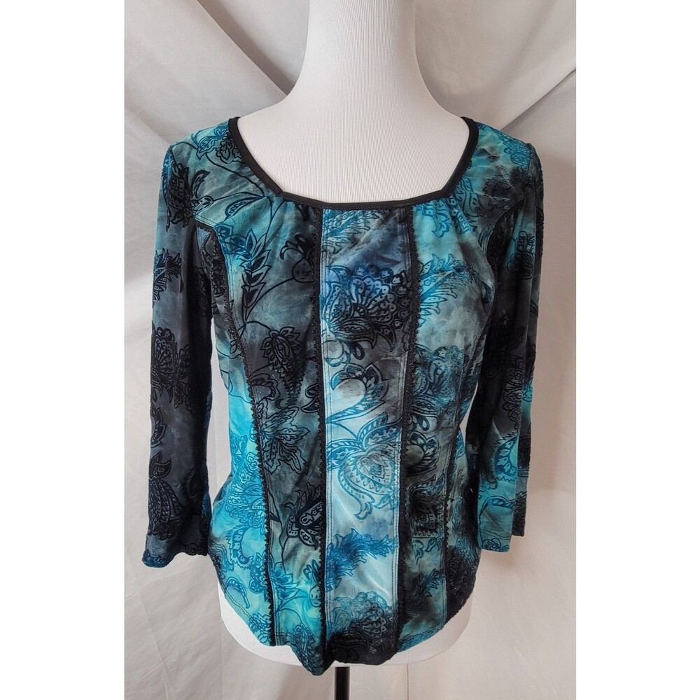 Blue Burnout Velvet Floral Medium Top Teal Black Whimsy Goth 3/4 Sleeves Stretch